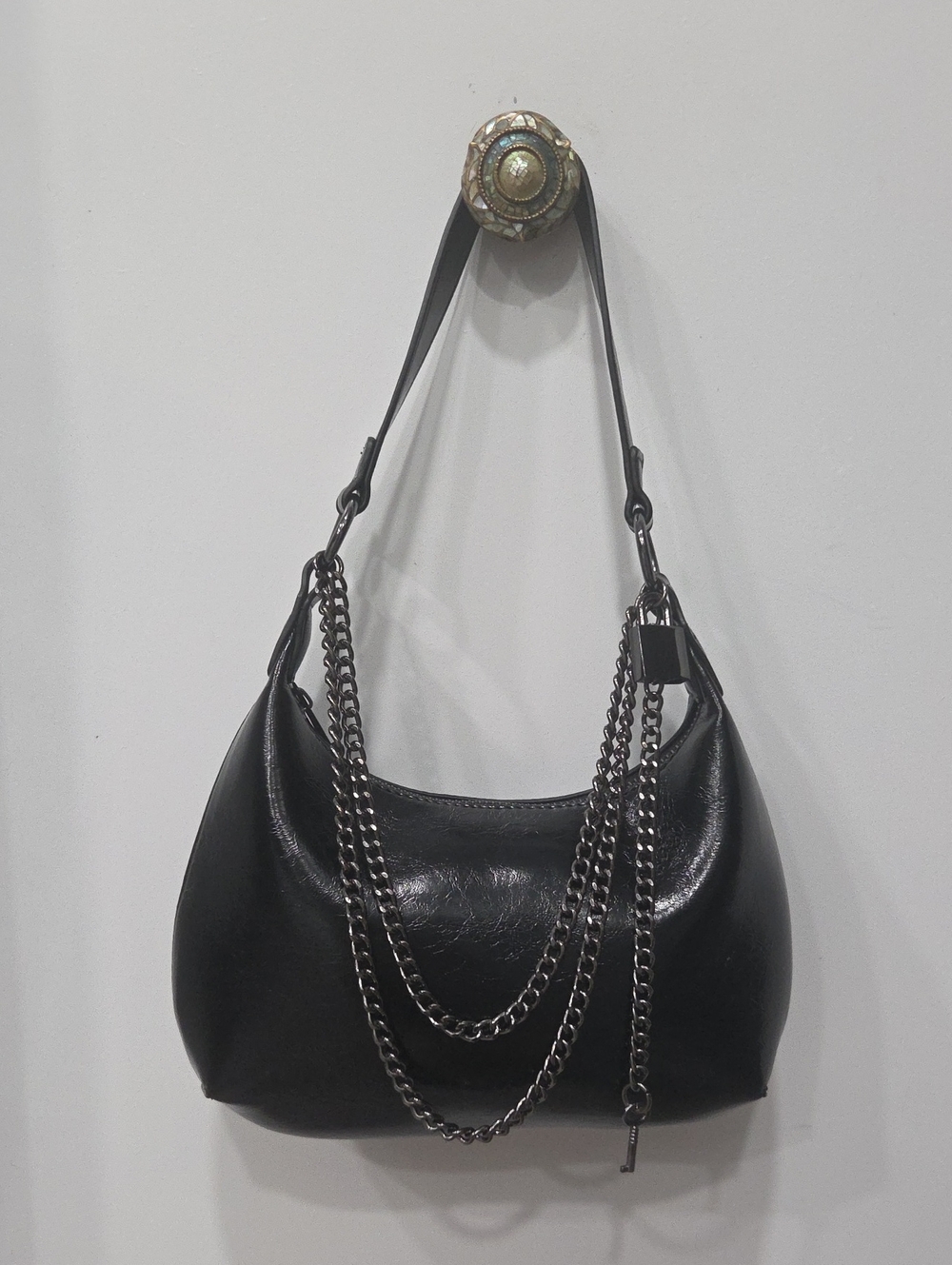 Forever 21 Black Shoulder Bag with Gunmetal Lock And Key Chain Accent